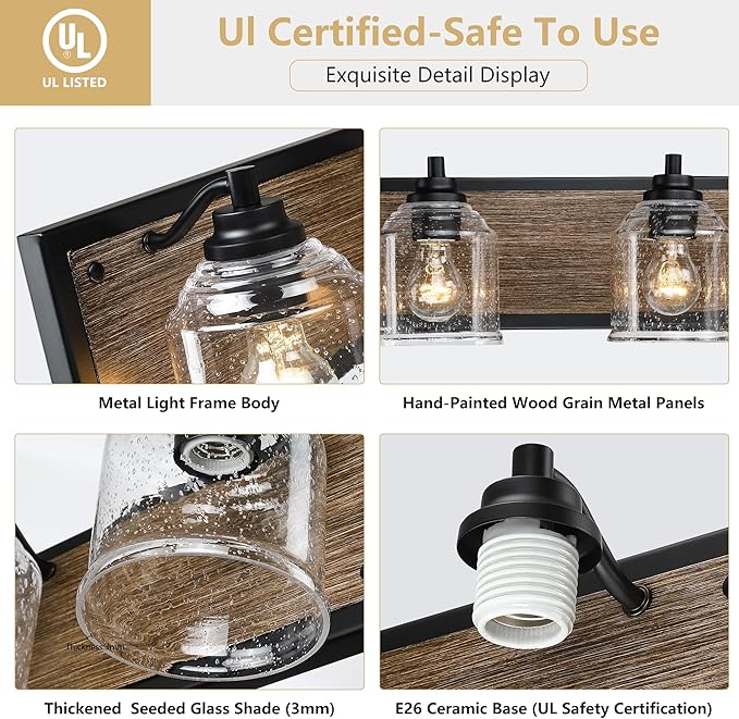 Vanity Lights for Bathroom Large 31.5", Farmhouse Rustic Vanity Light with Bubble Glass Shades, Brown 4 Light Bathroom Lighting Fixtures Over Mirror, Bath Wall Sconce Home Decor