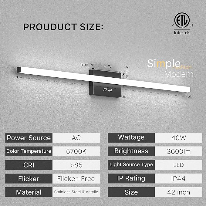 42Inch LED Bathroom Vanity Light Bar 5700K Dimmable Led Bathroom Light Over Mirror Modern Bath Wall Light Cool White ETL Certified 40W