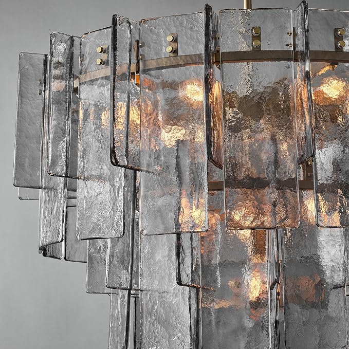 36" Extra Large Tiered Smoked Clear Textured Glass Chandelier, 10-Light Modern Pendant Lighting with E26 Sockets, 56" Adjustable Rods, Ceiling Fixture for Dining Room, Living Room, Foyer (Gold)