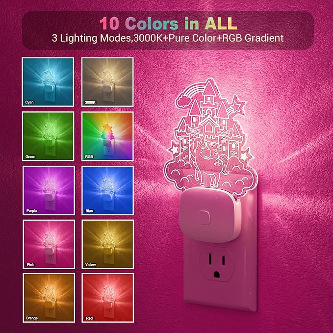 JandCase LED Night Light, 2 Pack Plug in Night Light | 10 Color Changing Castle Night Light with Dusk to Dawn Sensor, Acrylic RGB Nightlight for Girls Bedroom, Gifts for Girls