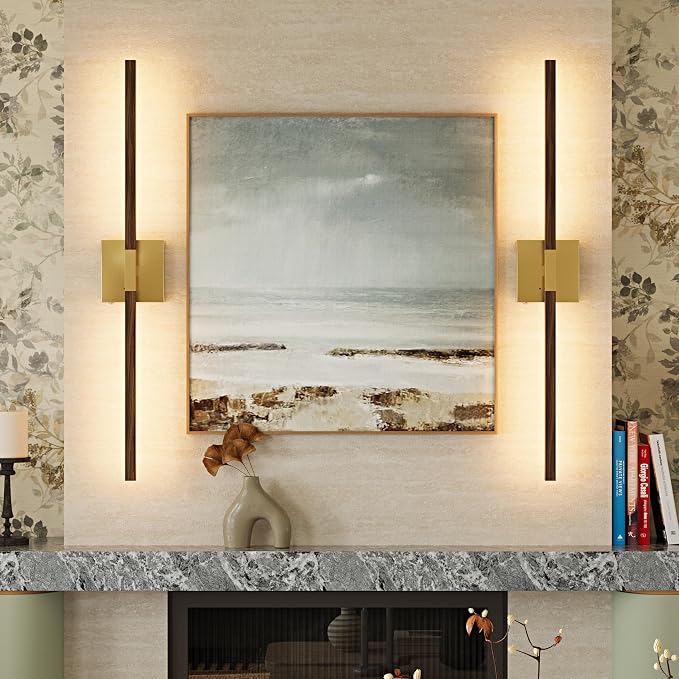 Rayogale Gold & Walnut Battery Operated Wall Sconce with Remote Control | 3000K-6000K Dimmable 8000mAh Wireless Rechargeable Wall Sconces Set of 2 with Timer for Living Room Bedroom Stairwell 32 Inch