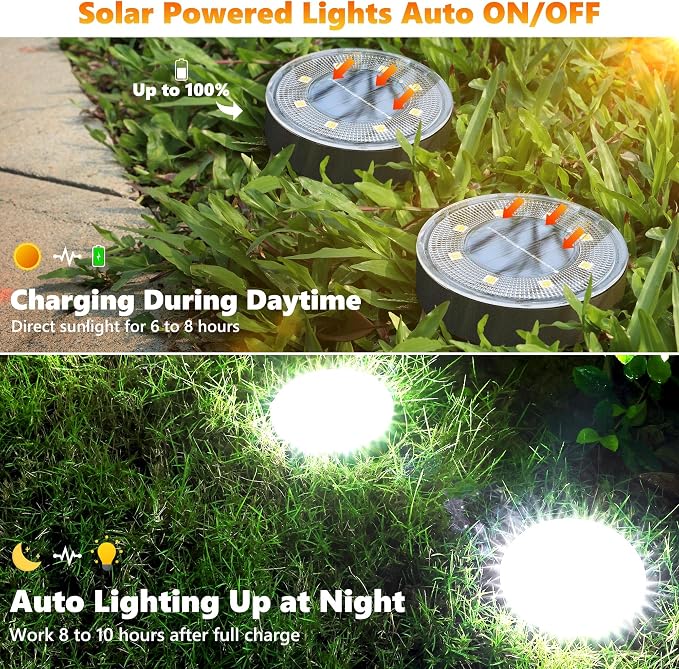 Joomer Solar Ground Lights Outdoor Waterproof, 12 Pack 8 LED, White | Solar Powered Garden Lights Disc Landscape Lighting Outdoor for Patio Pathway Lawn Yard Driveway Walkway outside
