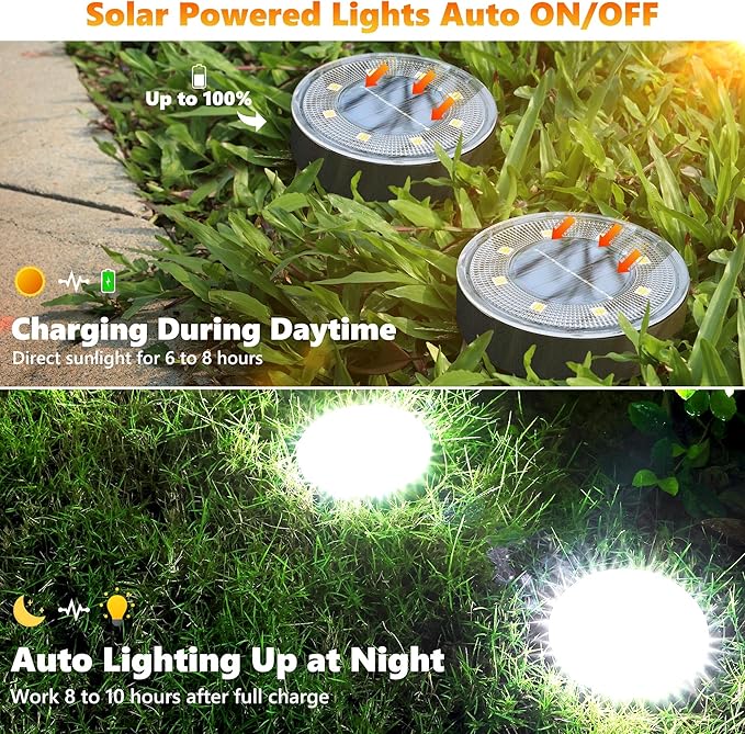 Joomer 2-in-1 Solar Lights Outdoor Waterproof, 8 Pack 8 LED, White | Solar Powered Garden Lights Ground Disc Landscape Lighting for Patio Pathway Lawn Yard Driveway Walkway Deck Step