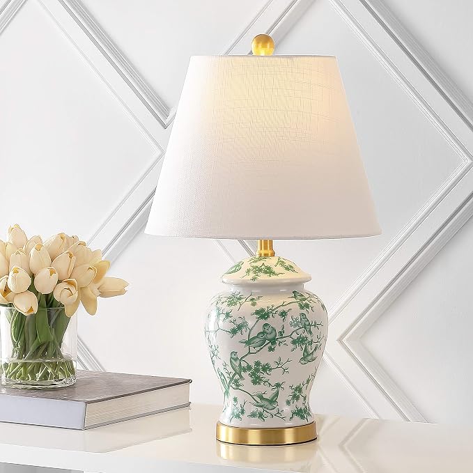 JONATHAN Y Penelope Ginger Jar 22" LED Table Lamp, White/Green | Chinoiserie, Ceramic Metal Construction, French Country Traditional, Linen Empire Shade, Brass Gold, LED Bulb Included