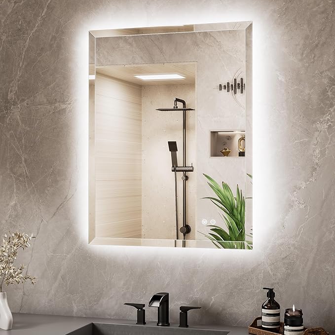 TETOTE Backlit Mirror Bathroom 28 x 36 Inch, LED Vanity Mirror with Beveled Edge, Safe Tempered Glass, 3 Color Temperature, Anti-Fog, Dimmable, Smart Bathroom Mirror, Bathroom Mirrors for Over Sink
