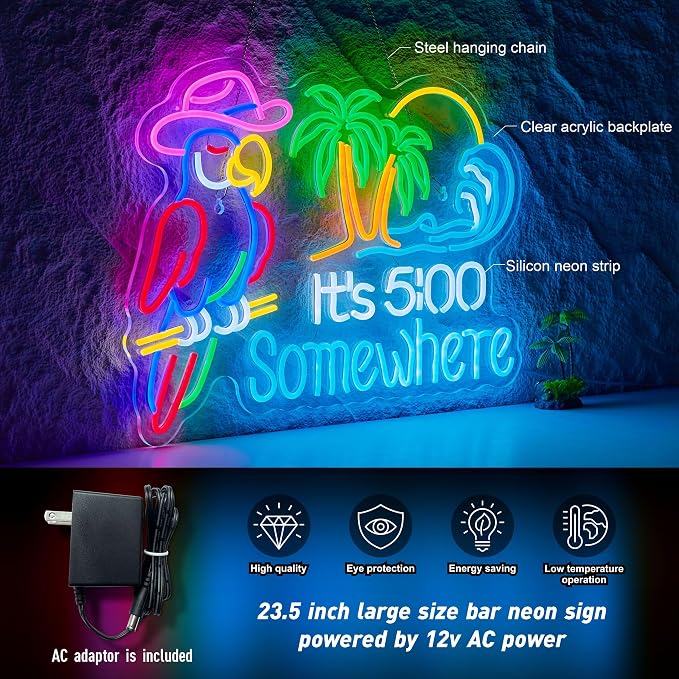 Large Size Parrot Its 5 00 O'clock Somewhere Neon Sign Bar Beer Beach Decor | Palm Tree LED Lights Tropical Coconut It's Five O'clock Some Where Light Up Signs 12v AC Dimmable Man Cave (24 inch)