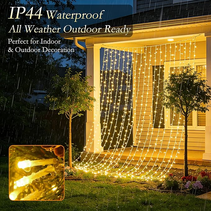 Curtain String Lights Indoor, 200LED 6.6 * 6.6FT USB Plug-in Window Curtain Lights with Timer and 8 Modes, Waterproof Warm White Curtain Fairy Lights for Bedroom Room Wedding Outdoor Decor