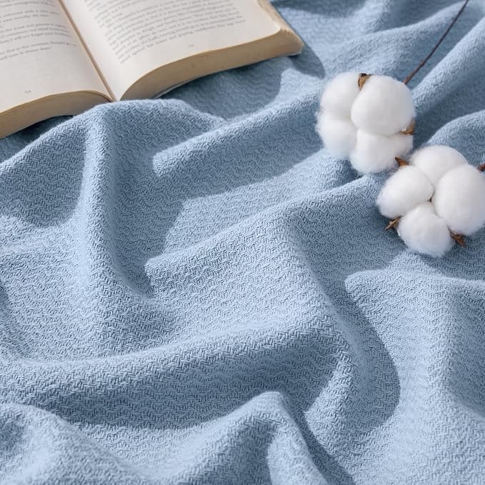 Bedsure GentleSoft 100% Cotton Blanket King Size for Bed - Breathable and Lightweight, Soft Cozy Textured Herringbone Woven Blanket for Summer, Light Blue, 108x90 inches