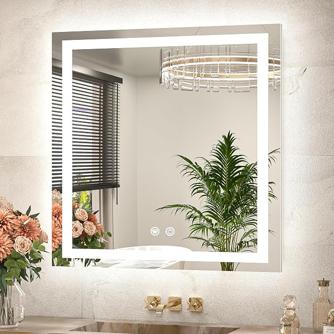 30 x 30 Inch LED Bathroom Mirror with Frontlit and Backlit, Brighter Light up Bathroom Vanity Mirror with Lights, 3-Color Dimmable Illuminated Anti Fog Mirror Wall Mounted, Waterproof