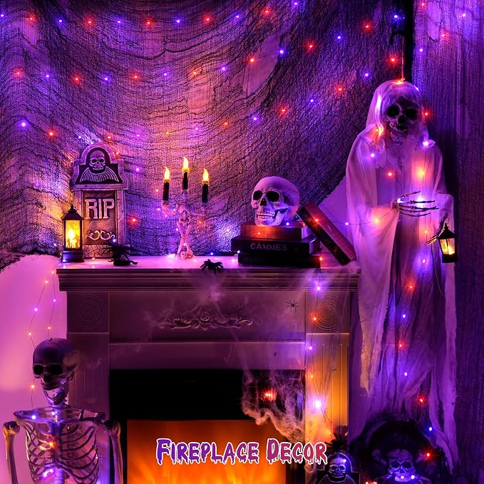 JMEXSUSS 2 Pack Orange and Purple Halloween Lights Battery Operated | Total 200 LED 66ft, Halloween Fairy Lights with Remote, 8 Modes Twinkle Lights for Fireplace Porch Tree Centerpiece Wreath