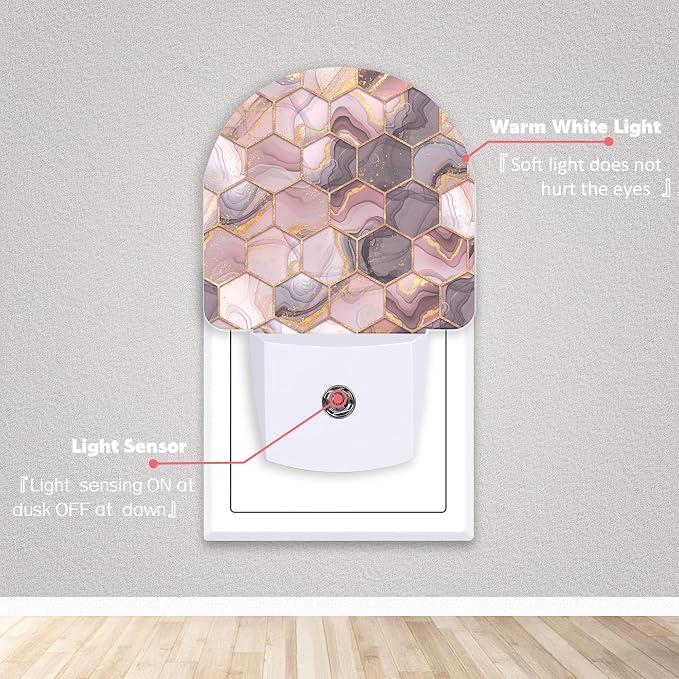 Pink Flow Marble Ink Hexagons Night Lights Plug into Wall for Girls Boys Room,Night Light LED Lamp Dusk to Dawn Sensor Round Lamp for Bedroom Bathroom Hallway Home Wall Decor