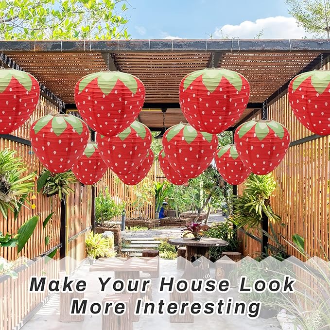 4Pcs Strawberry Paper Lanterns, Windspeed Large Strawberry Paper Lantern Hanging Decor 3D Strawberry Decoration Hanging For strawberry Birthday party decorations 8 inch, 12 inch (red)