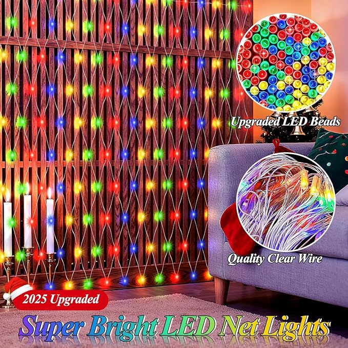 6.6ft x 6.6ft Christmas Net Lights, 160LED Gazebo Mesh Lights Outdoor 8 Modes Timer, Waterproof Connectable String Lights Clear Wire for Bushes Patio Pergolas Garden Holiday Party - Mulicolor