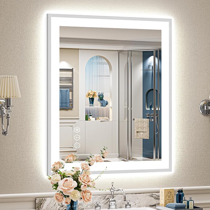 28x36 Inch Brushed Nickel LED Bathroom Mirror, Backlit & Front Lit | Silver Framed Anti-Fog Lighted Vanity Mirror with Lights, 3 Color Dimmable, Memory, HD Tempered Glass, CRI95, IP54, UL Listed