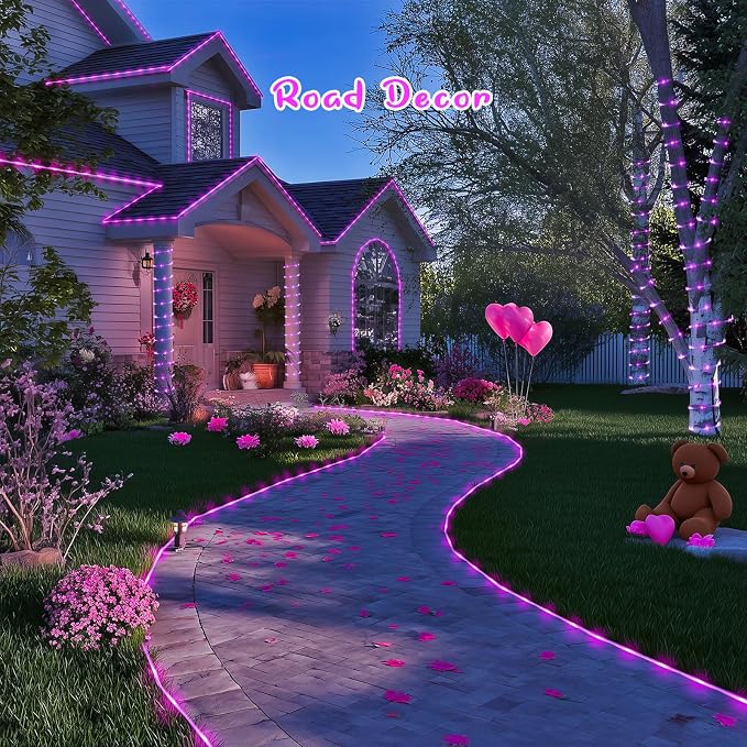 JMEXSUSS 2 Pack 100LED Pink Solar Rope Lights Outdoor Waterproof | 33ft, 8 Modes, Outdoor Waterproof, Pink Christmas Lights for Valentine's Day Home Christmas Tree Decoration