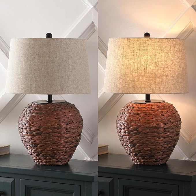 JONATHAN Y Alaro Table Lamp Woven Water Hyacinth Basket 24.5", Dark Brown | Farmhouse Coastal Decor, Beige Linen Drum Shade, Metal Frame, LED Bulb Included, Rotary Switch, UL Listed