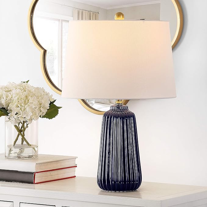 SAFAVIEH Lighting Collection Sawyer Modern Navy Blue Ceramic 24-inch Bedroom Living Room Home Office Desk Nightstand Table Lamp (LED Bulb Included)