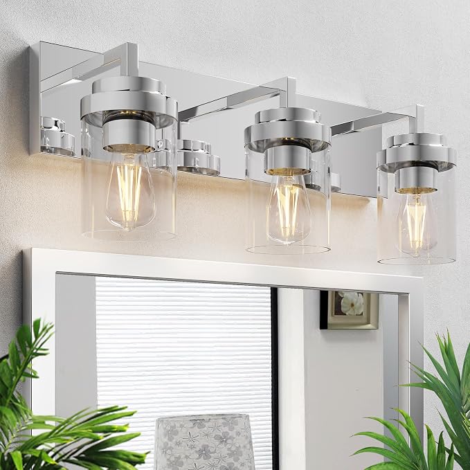 Chrome Light Fixtures, 3 Light Bathroom Vanity Light with Clear Glass Shade, 22in Modern Vanity Light, Bathroom Lighting Fixtures Over Mirror for Living Room