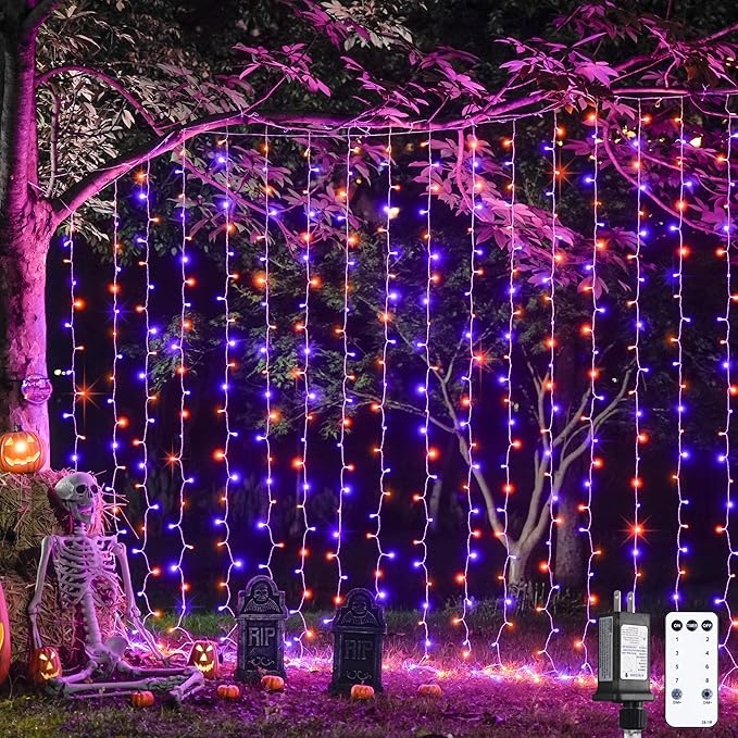 JMEXSUSS 300LED Halloween Curtain Lights, Orange and Purple, 9.8x9.8ft | Remote, Plug in, Window Twinkle Hanging String Lights, For Bedroom, Wall, Party, Backdrop, Yard, Indoor, Outdoor Decor
