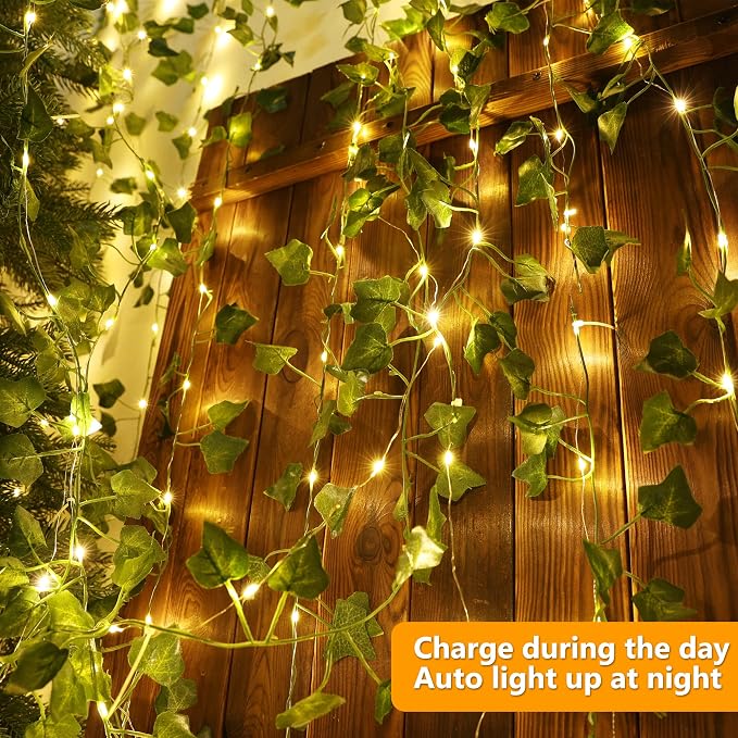 Brizled Solar String Lights, 33ft 100 LED Outdoor Ivy Vine Fairy Lights | 8 Modes; Artificial Leaf Solar Plant Vine Lights; Outdoor Ivy Fairy Light for Outside Wedding Garden Fence Wall Hanging Decor