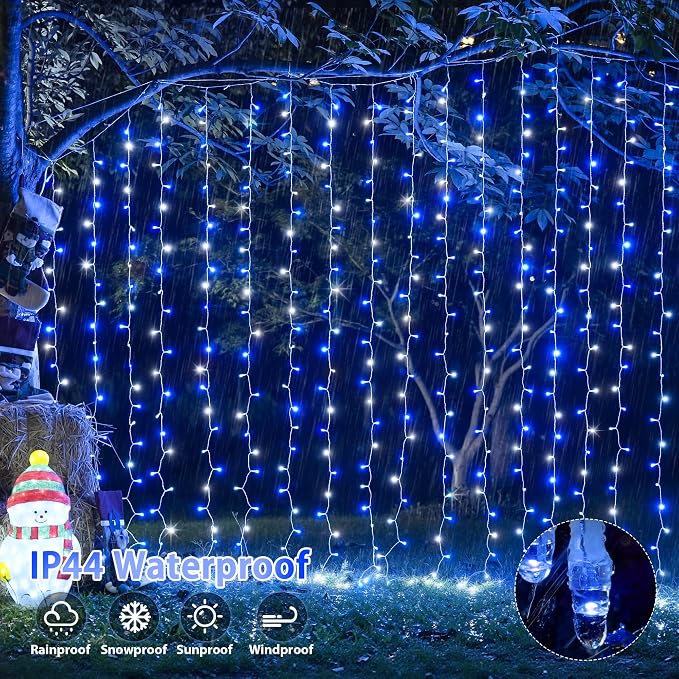 JMEXSUSS 200 LED USB Curtain Lights Blue and White | Remote Curtain Christmas Lights, 8 Modes Christmas String Lights for for Bedroom, for Christmas, for Party, 6.5ftx6.5ft