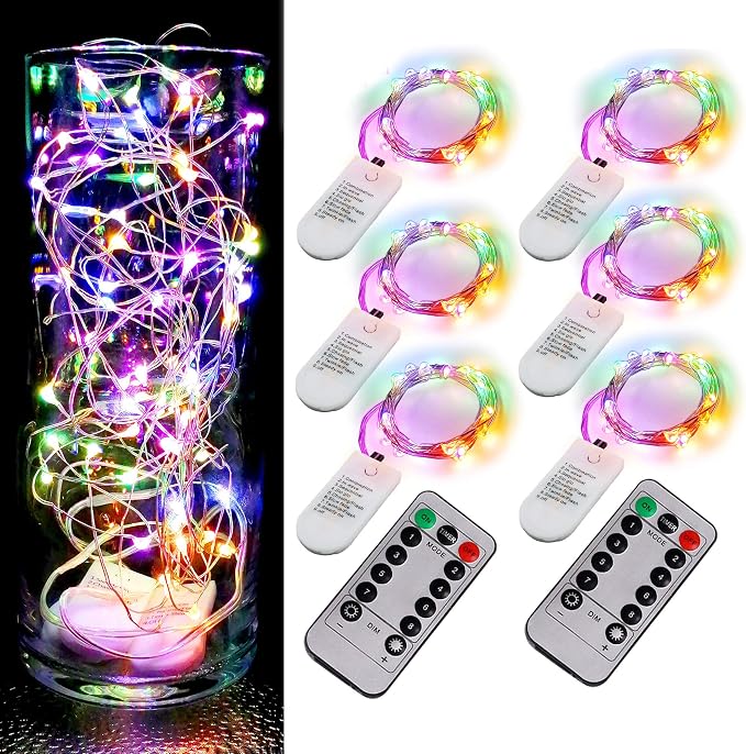 6 Pack Fairy Lights Battery Operated,Timer,2 Remotes,6.5ft 20LED Multicolor | LED Twinkle String Lights,Waterproof Silver Wire Firefly Lights, DIY Mason Jar Wedding Party Christmas Centerpiece Table Déco