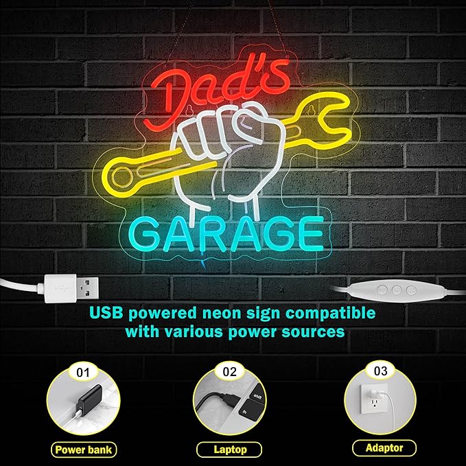 Dad's Garage Neon Sign for Wall Décor Garage LED Car Signs for Auto Repair Shop Man Cave Workshop Decor for Fathers Gift