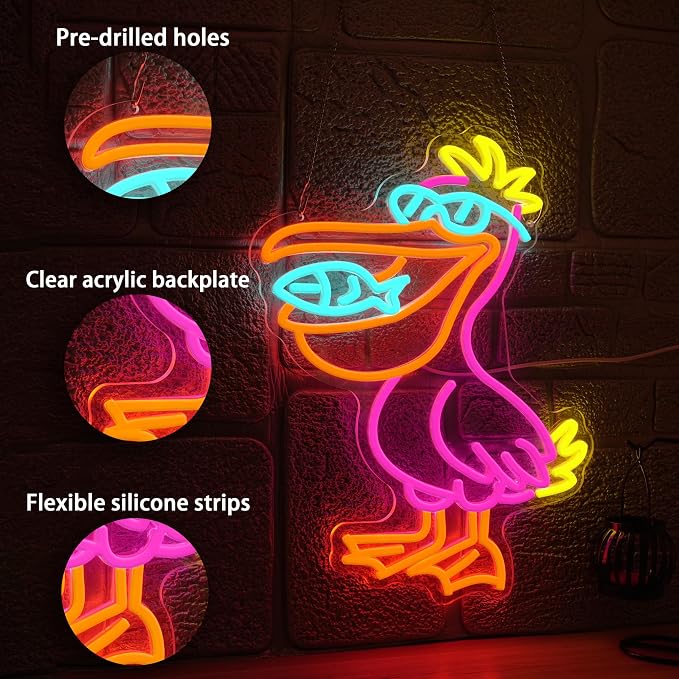Pelican Neon Sign with Dimmer Switch,Colorful Led Pelican Sign Fish Neon Light for Zoo Bedroom Bar Club Kindergarten(16.54 * 12.6In)