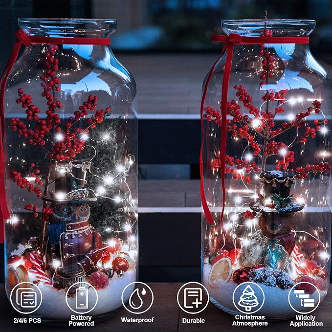 2 Pack Timer Fairy Lights Battery Operated Twinkle Lights with 5 Modes | 16.4Ft 50 LED Silver Copper Wire Battery Wreath Lights for Home Christmas Wedding Indoor Outdoor Decor, Cool White