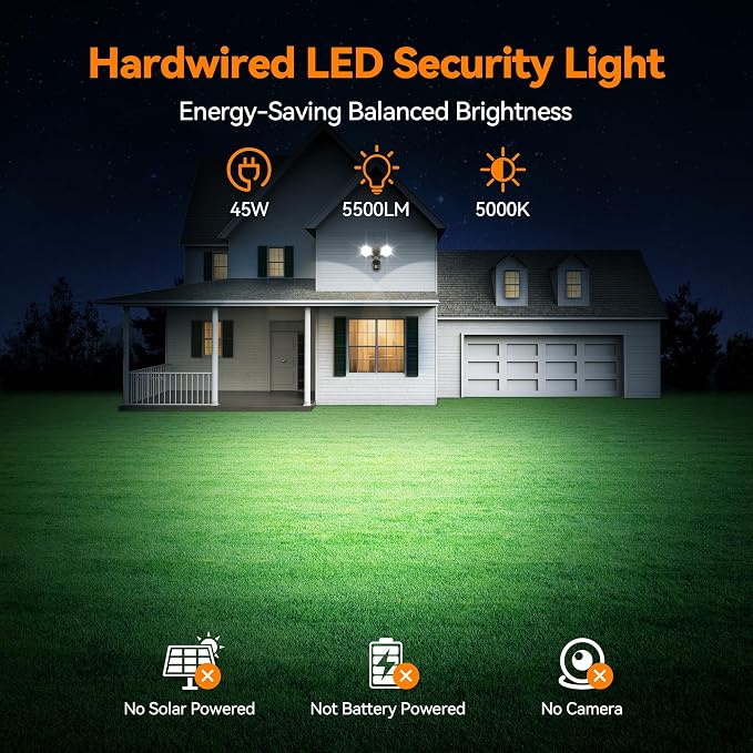 45W 5500LM PIR Motion Sensor Outdoor Lights, Dual Head LED Flood Light, 5000K Daylight, IP65 Waterproof Hardwired Dusk to Dawn Motion Detector Security Light for Outside Garage Yard (Brown)