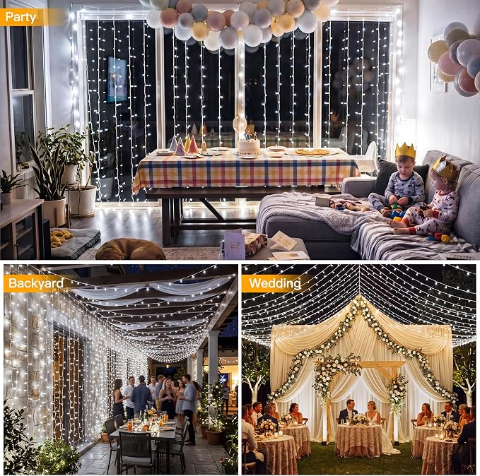 Ollny Curtain Lights 600 LED 19.7x9.8ft, Outdoor Waterproof String Lights for Backdrop, Fairy Light with Remote Timer 8 Modes, Plug in Christmas Light for Wall Wedding Patio Gazebo, Cool White