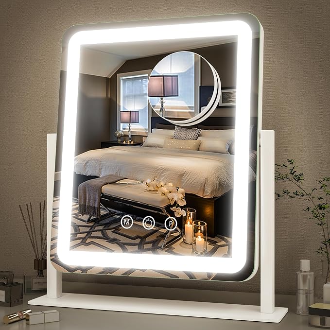 FENNIO Vanity Mirror with Lights - 15"x12.6" LED Lighted Makeup Mirror, Large Makeup Mirror with Lights, Touch Screen with 3-Color Lighting, Dimmable, for Vanity Desk Tabletop, Bedroom