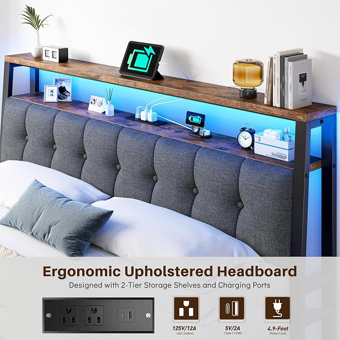 Homkdom King Bed Frame with Storage Headboard & Charging Station | Upholstered Linen, 2-Tier Shelf, 2 AC Outlets, Type-C,RGB LED Remote, 12in Underbed Clearance, 1100 lbs, No Box Spring, Brown