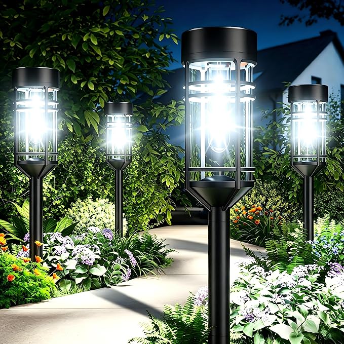 Amzarp 8 Pack Solar Garden Lights, Outdoor Bright LED Solar Pathway Lights | IP65 Waterproof Rugged Shatterproof Auto On/Off for Landscape Garden Yard Walkway Driveway Lawn Lighting（6500K Cool White）