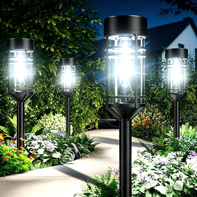 Amzarp 12 Pack Solar Garden Lights, Outdoor Bright LED Solar Pathway Lights | IP65 Waterproof Rugged Shatterproof Auto On/Off for Landscape Garden Yard Walkway Driveway Lawn Lighting（6500K Cool White）