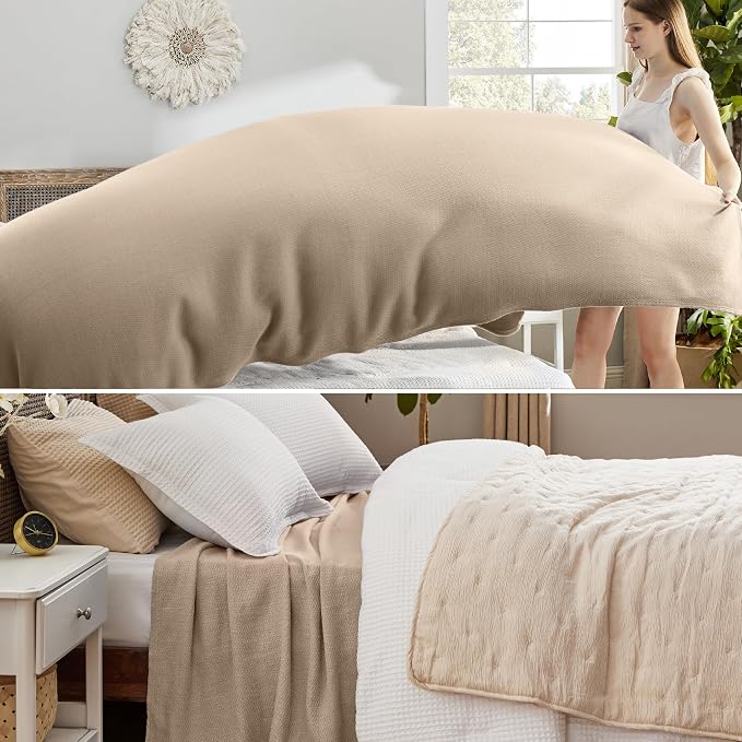 Bedsure GentleSoft 100% Cotton Blanket King Size for Bed - Cooling Breathable and Lightweight, Soft Cozy Textured Herringbone Woven Blanket for Summer, Khaki, 108x90 inches