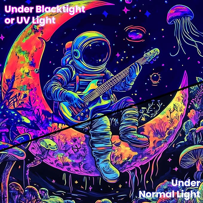 BVBOX Blacklight Space Astronaut Tapestry UV Reactive Galaxy Planet Glow in Dark Tapestries Black Light Poster Neon Wall Hanging Art for bedroom Living Room (Astronaut & Guitar-3M)