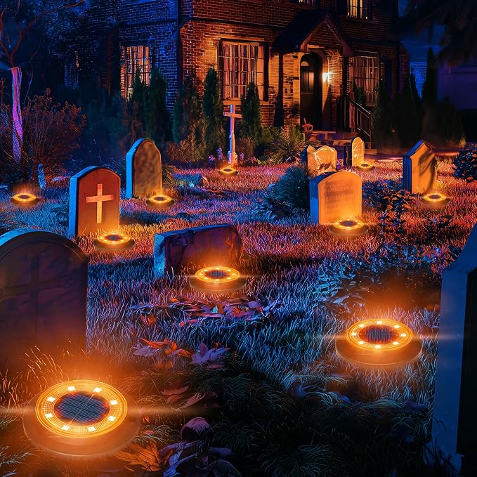 Flacchi Solar Lights Outdoor Waterproof，Orange 12 Pack 2-in-1 Ground Lights | Halloween Lights Outdoor Solar Disk Light Landscape Light for Deck Step Patio Yard Pathway Walkway Driveway Garden