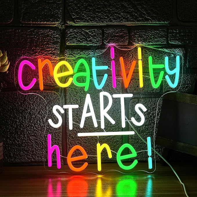 Creativity Starts Here Neon Sign Positive Quote Led Sign Colorful Letter Neon Light for Art Studio Business Office Party Classroom Decor(16.54 * 12.6In)