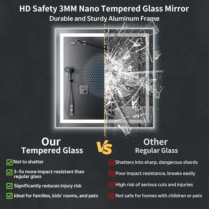 40"x40" LED Bathroom Mirror with Lights, Backlit+Frontlit, Anti-Fog | CRI 95, Stepless Dimmable, 3 Colors Lighting, Shatterproof Tempered Glass, HD Reflection, Memory, (Horizontal/Vertical)