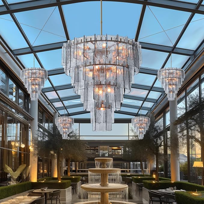 47" Extra Large Tiered Smoked Clear Textured Glass Chandelier, 18-Light Modern Large Pendant Lighting with E26 Sockets, 77" Adjustable Rods, Ceiling Fixture for Dining Room, Living Room, Foyer (Gold)