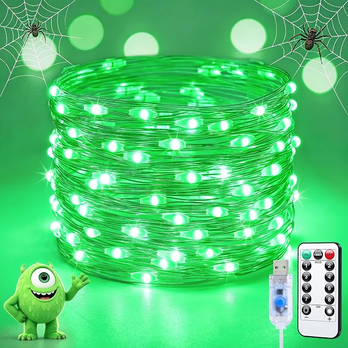 JMEXSUSS 100 LED Green Halloween Fairy Lights Plug in with Remote | 33 ft Green String Twinkle Christmas Light for Indoor Outdoor Christmas Tree Garden Home Party Decor, with Wheel