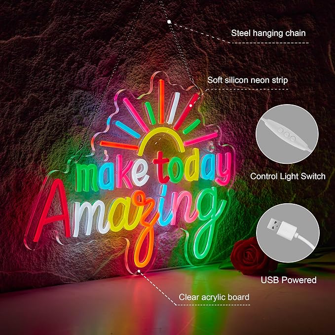 Make Today Amazing Neon Sign for Classroom Wall Decor Dimmable Positive and Upward Quote LED NeonLight USB Powered Rainbow Color Light Up Signfor Wedding Cafe Party Birthday School