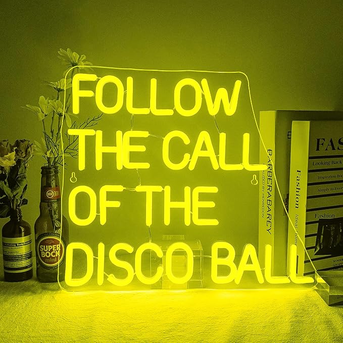 NOSUN Follow The Call of The Disco Ball Neon Sign,Neon Signs for Wall Decor Yellow Neon Sign,Dimmable Disco Neon Lights for Disco Party Decor Neon Signs Letter Led Lights for Dancing Club Wall Decor