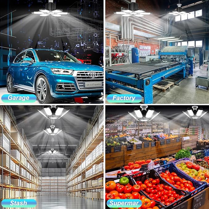 Led Garage Lights 4 Pack 200W Super Bright Ceiling Led Shop Lights, E26/E27 Base, 6500K, 22000LM Deformable Garage Light Ideal for Basement, Attic and Workshop, Commercial Bay Lighting
