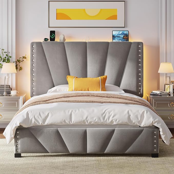 EnHomee Full Size Bed Frame with LED Lights & USB, Noise-Free, Grey | Adjustable Velvet Headboard，Under-Bed Storage，Heavy Duty Support with 12 Slats，No Box Spring Needed，Easy Assembly for Bedroom