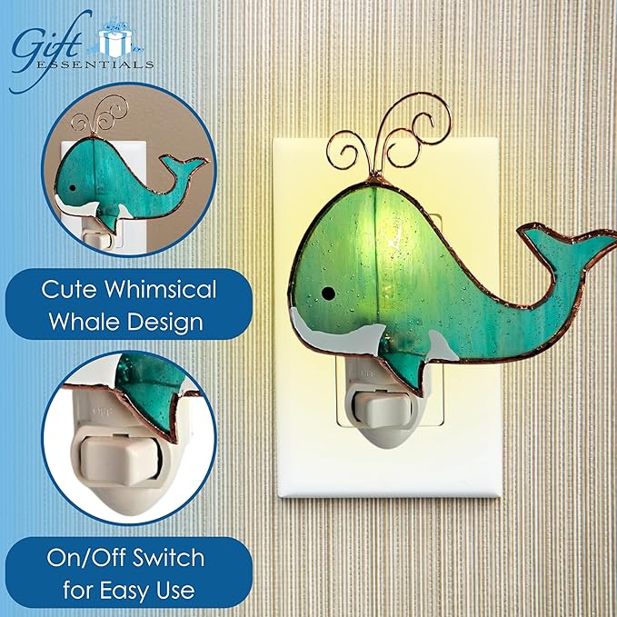 Gift Essentials Blue Whale Plug in Night Light - Stained Glass Nightlight with On/Off Rocker Switch - Includes One 4 Watt Replaceable Incandescent Warm Glow Bulb