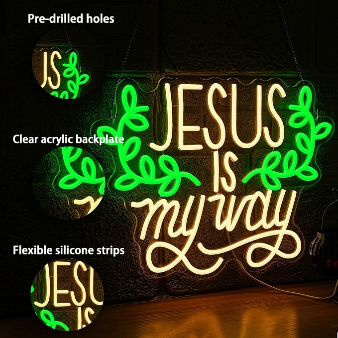Jesus Is My Way Neon Sign Dimmable Led Jesus Quote Sign Christian Letter Light Sign for Bedroom Christ Church Easter Wedding Decor