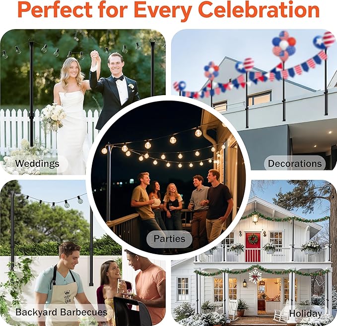 6 Pack String Light Poles, 5 Ft Light Poles for Outside, Thickened Metal Poles for Outdoor String Lights, Light Pole for Patio Deck Garden Backyard Wedding Party Decor