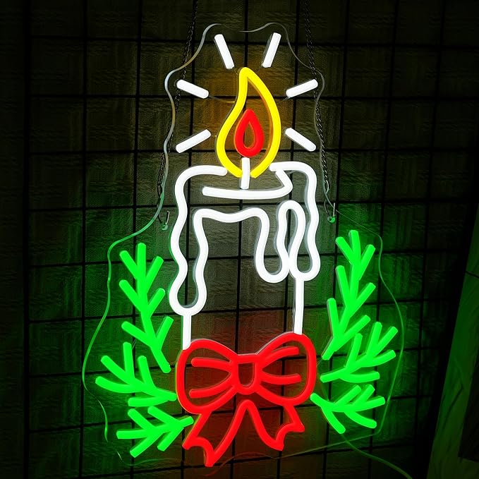 Candle Christmas Neon Sign with Dimmable Switch Christmas Bow Holly Neon Light Sign for Xmas Pray Home New Year Party Church Wedding Store Wall Decorations